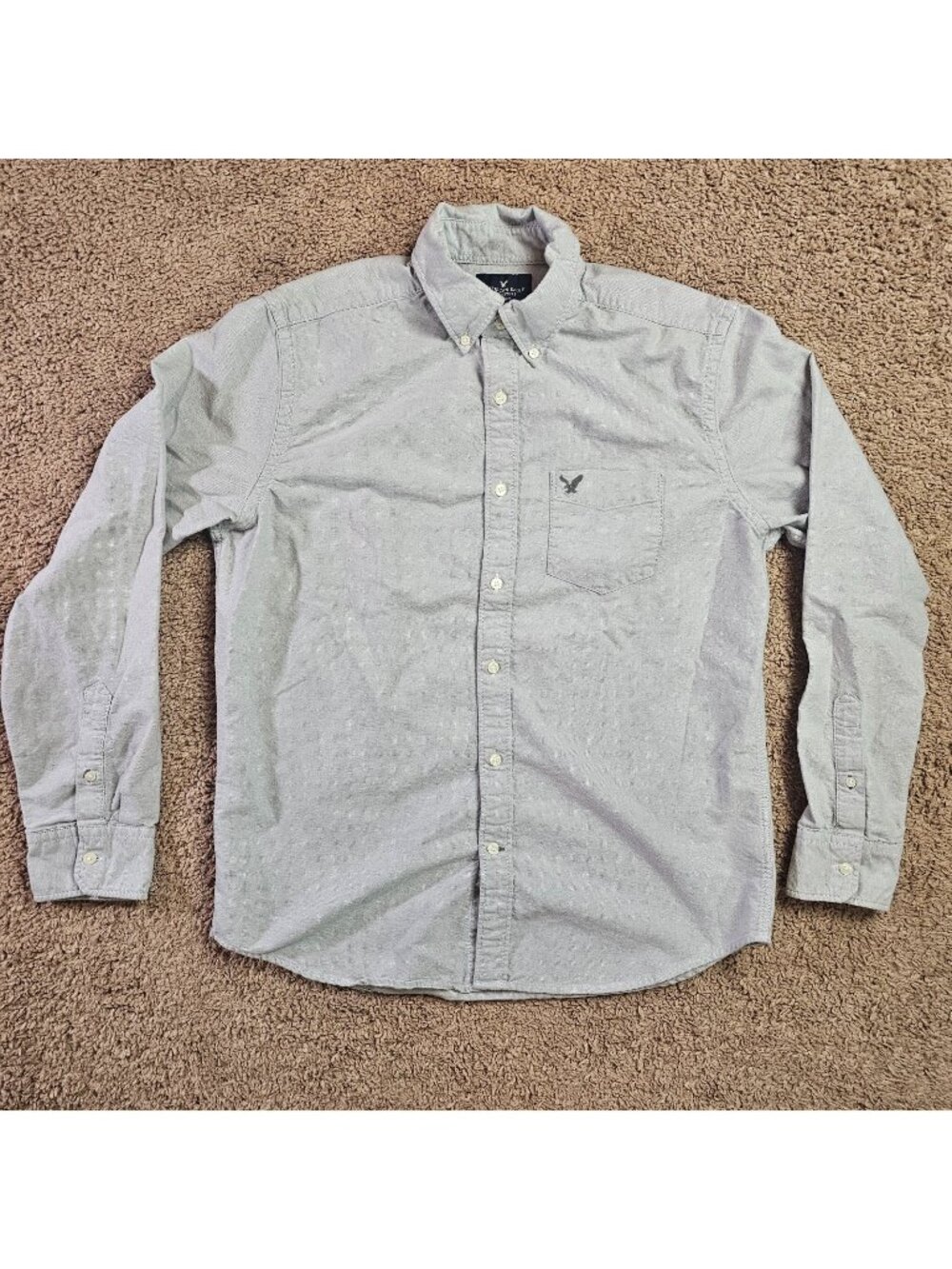 American Eagle Button Up Shirt Mens M Gray Classic Fit Solid Logo Cotton Casual